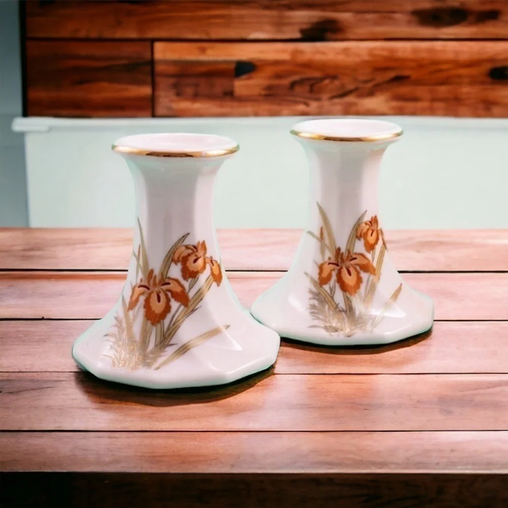 Porcelain White Candlesticks With Peach and Rust Iris flowers And Gilding. Set 2